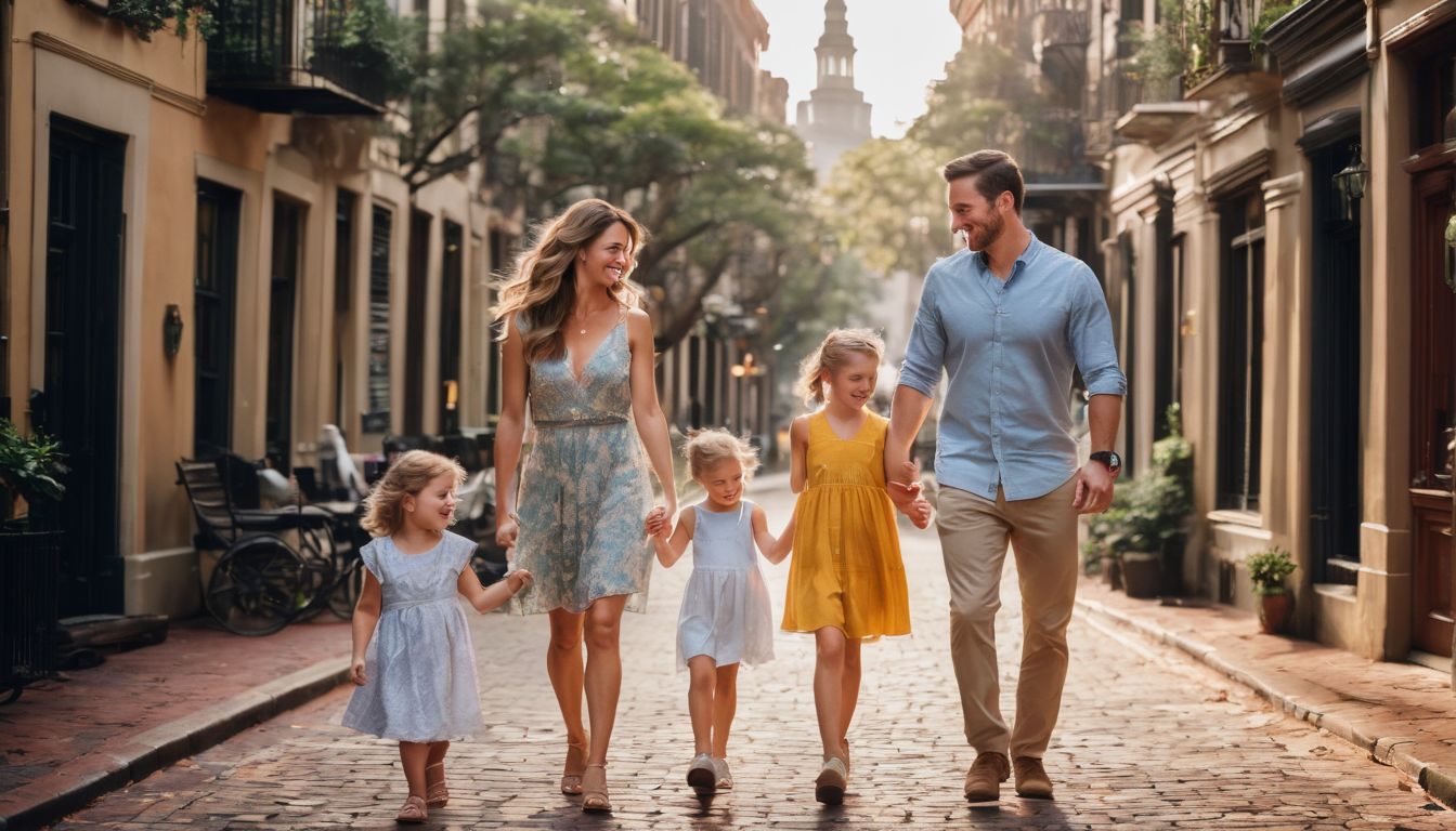 A happy family strolling through the charming streets of Savannah.