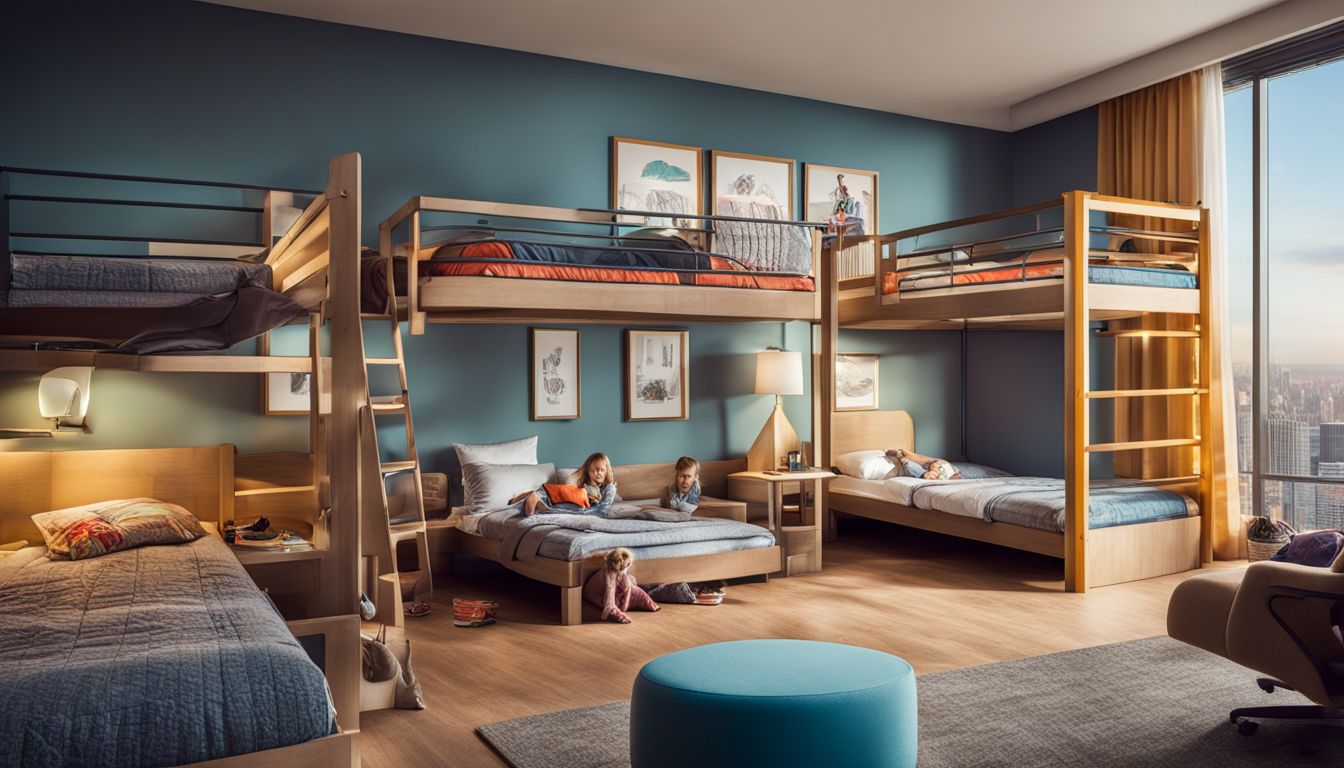 A vibrant and spacious hotel room with bunk beds and kids' play area.