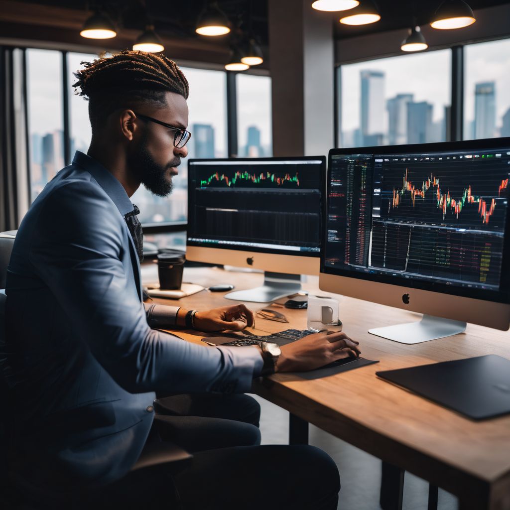 A person analyzing forex market trends on a laptop in a modern workspace with a cityscape view.