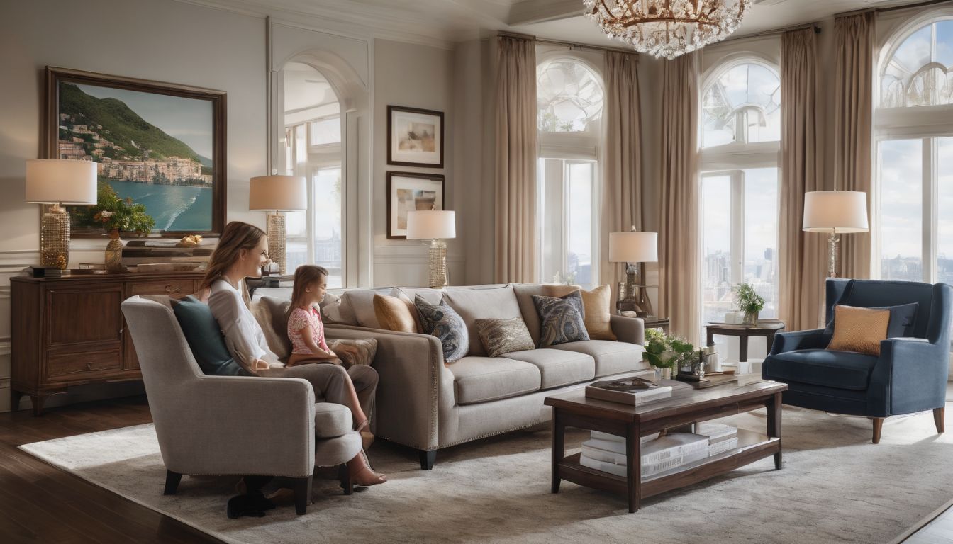 A family enjoying a luxurious suite with a city view.