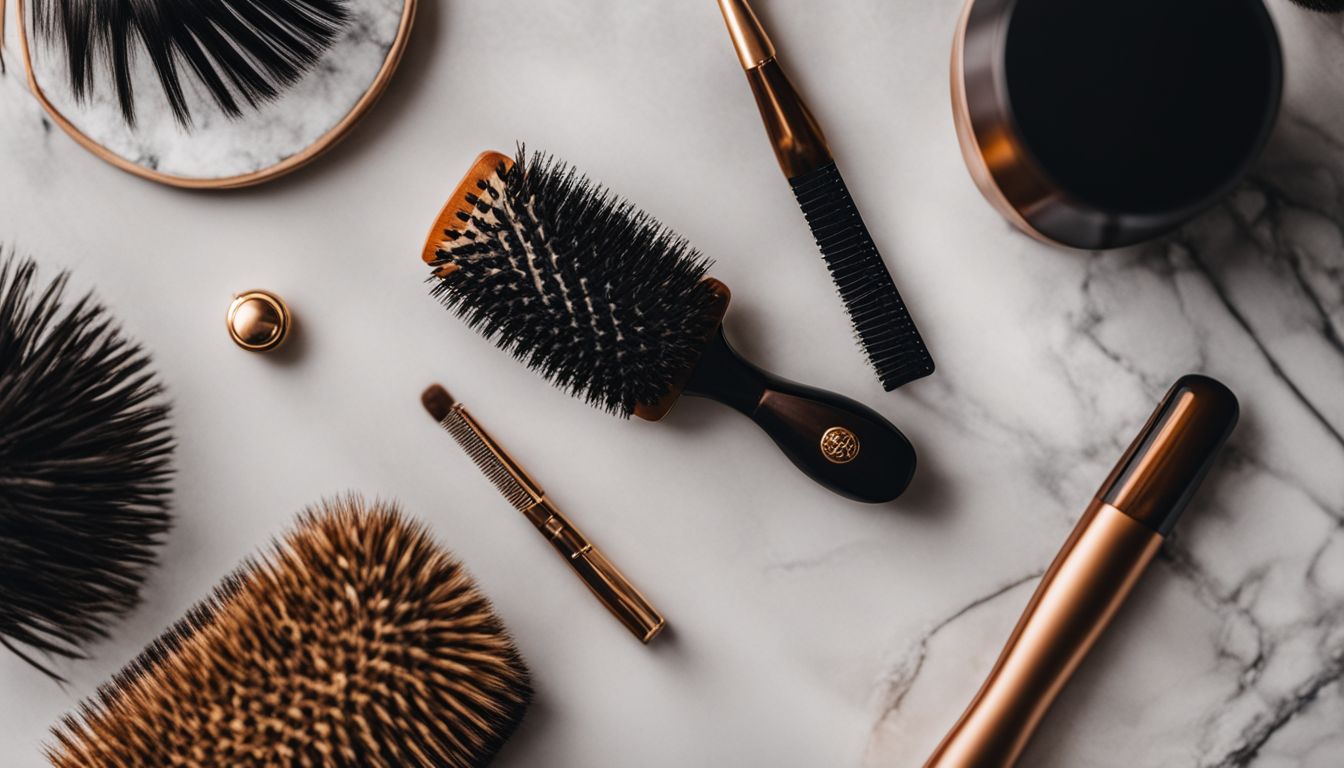 A clean hairbrush surrounded by hair products and accessories.