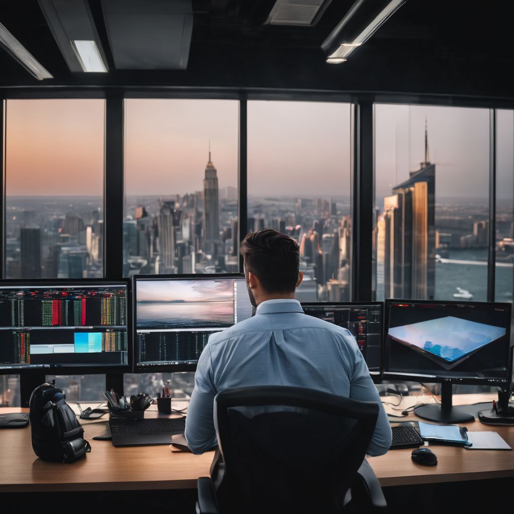 A trader analyzing forex charts in a modern office with a bustling atmosphere.