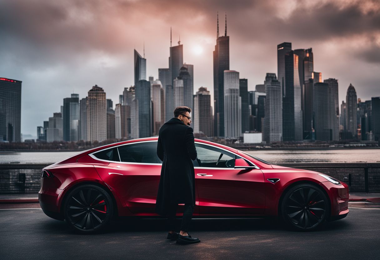 A Tesla owner uses the TezLab app next to their car in a futuristic city.