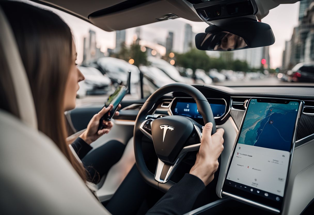 A person using the Remote for Tesla App on their smartphone inside a sleek Tesla car in a bustling city.