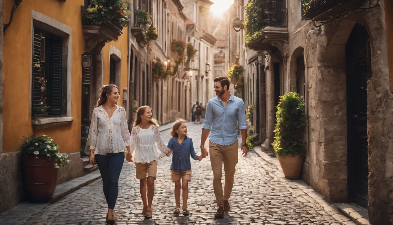 A family of four enjoys a leisurely stroll through historic city streets.