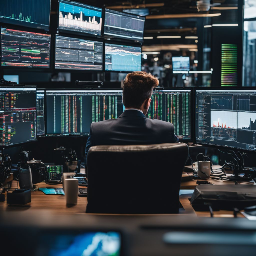 A forex trader analyzing data on Thinkorswim surrounded by multiple screens in a bustling atmosphere.