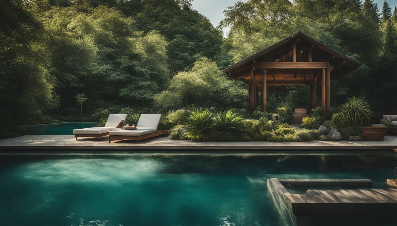 A tranquil outdoor pool with lush greenery and diverse people.