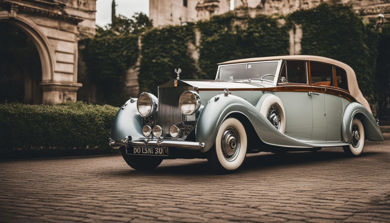A vintage Rolls-Royce parked outside a grand wedding venue in a bustling city.