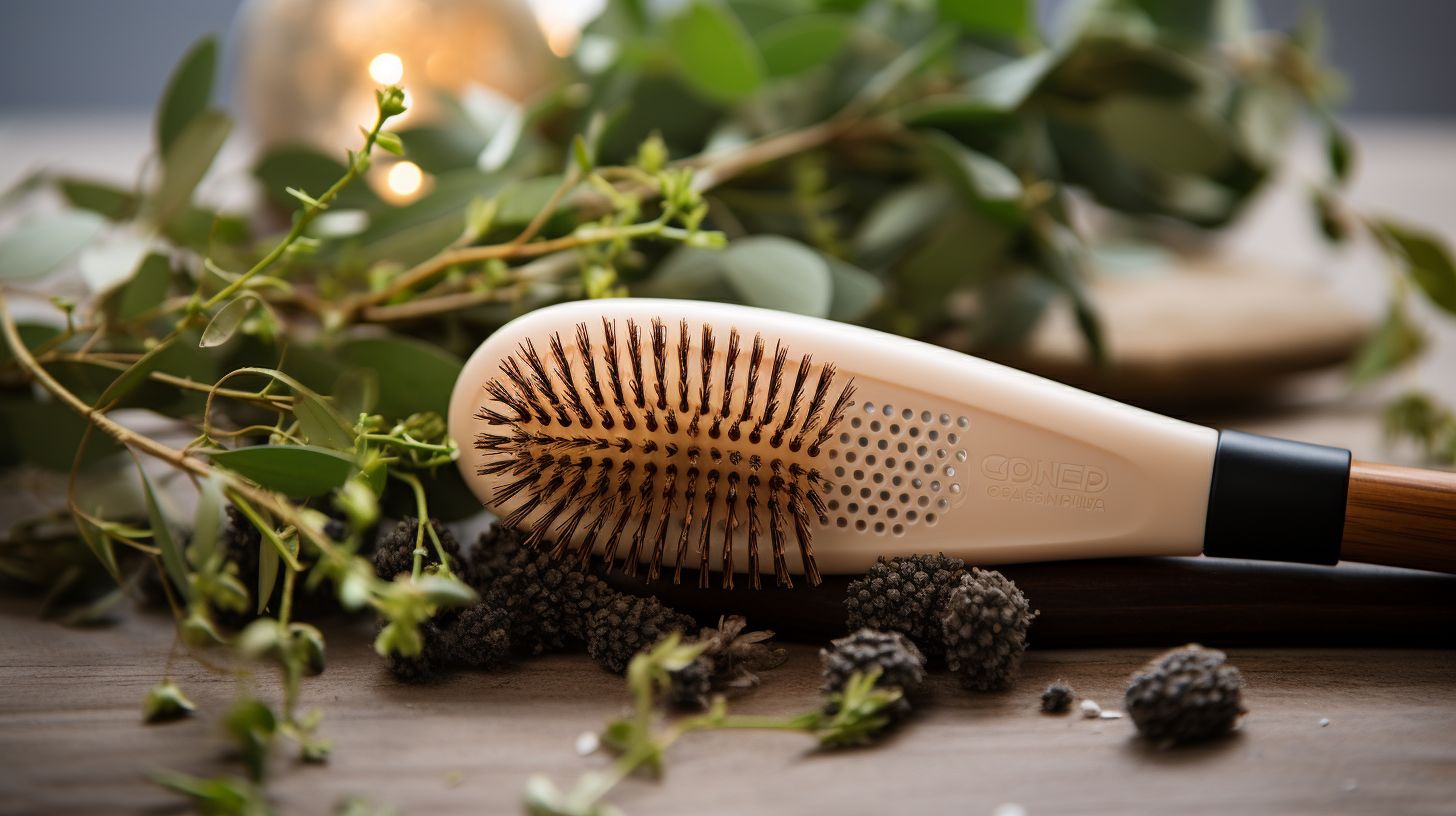 A clean hairbrush surrounded by hair care products in close-up.