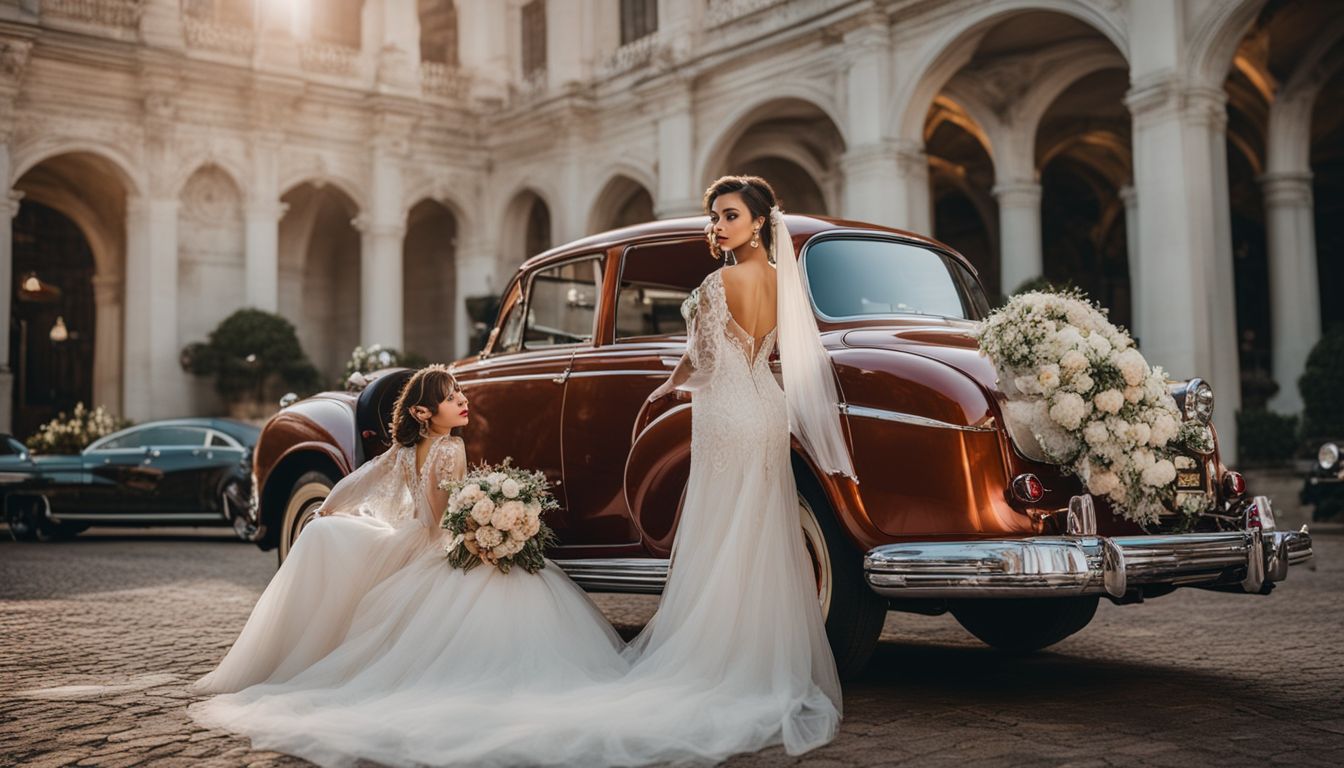 A vintage wedding car parked in front of a grand venue.