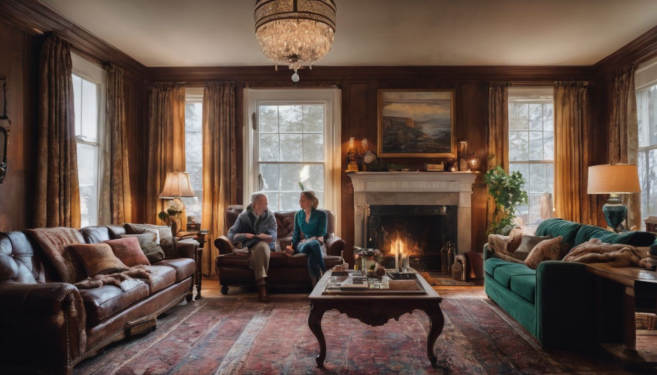 A historic family sitting in the cozy living room of The Marshall House.