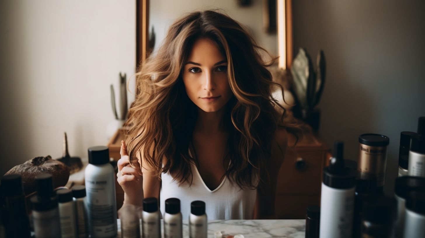 A woman examining her hair surrounded by hair care products.
