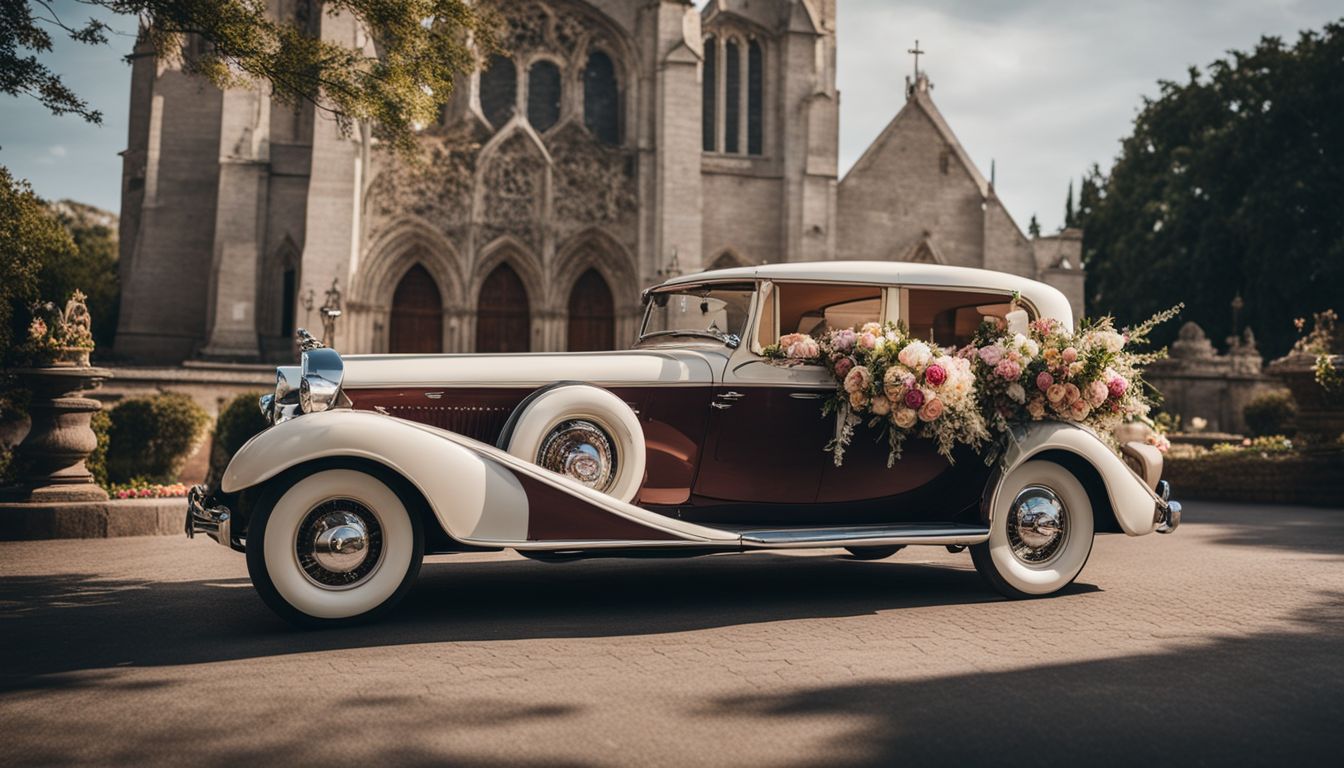 A vintage wedding car parked in front of an elegant church.