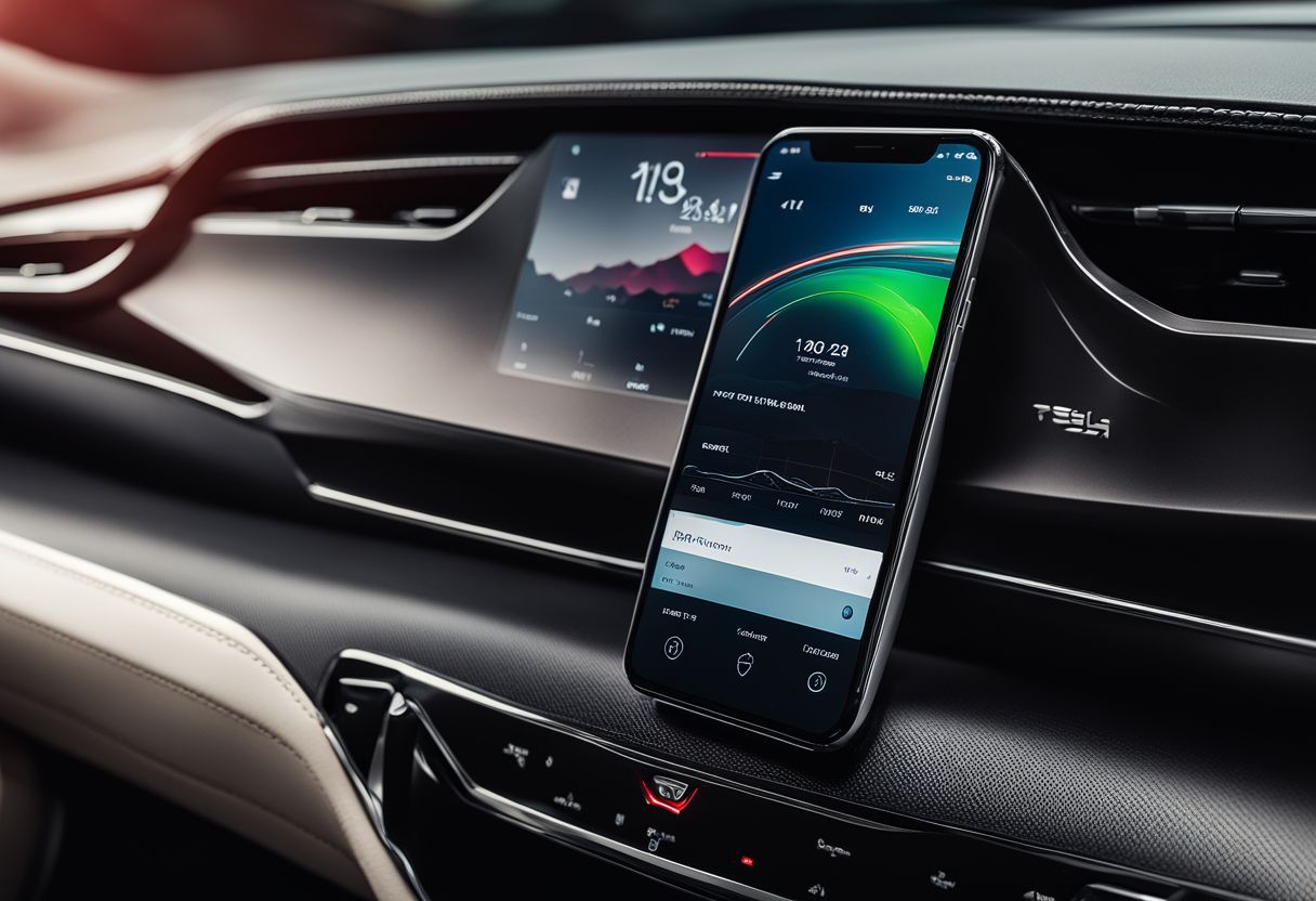 A smartphone displaying the Tesla Remote App inside a modern car with a cityscape in the background.