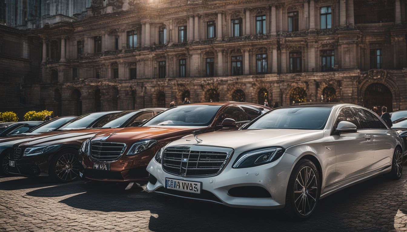 A fleet of luxury wedding cars lined up outside a grand venue.