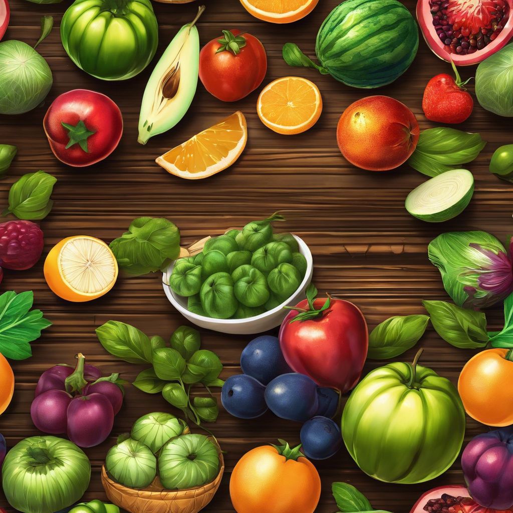 다채로운 신선한 과일과 채소, 동양 문화의 식기와 장식을 보여주는 이미지.