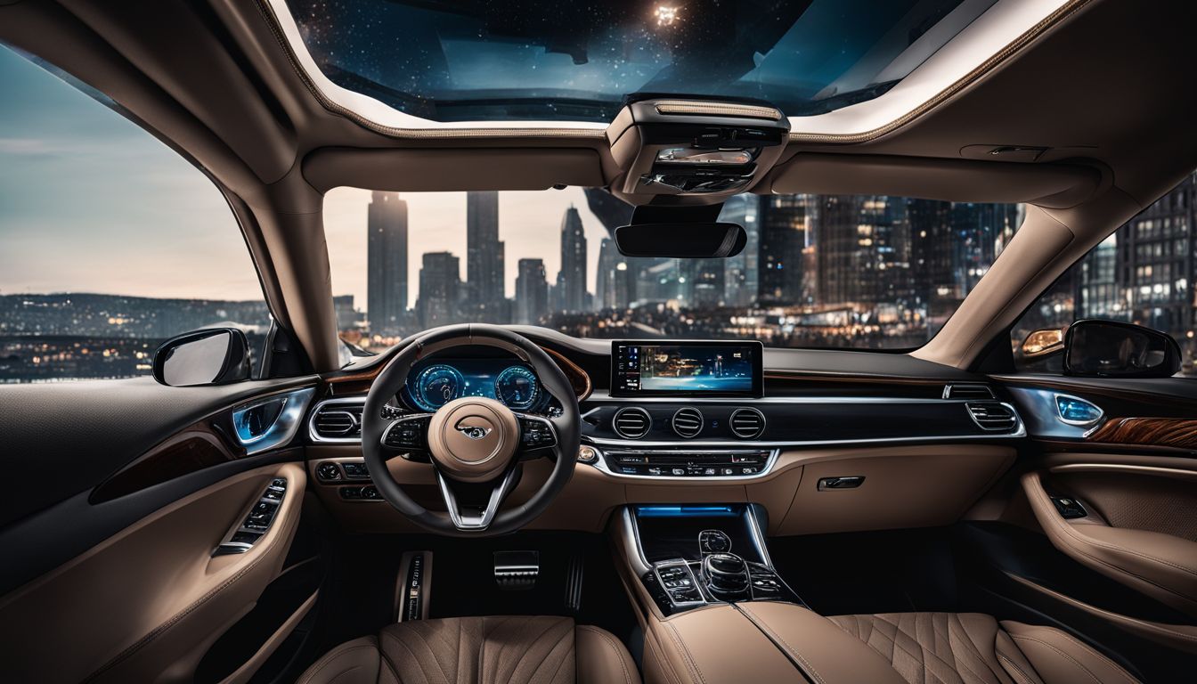 A luxury car interior with high-tech entertainment system and plush surroundings.