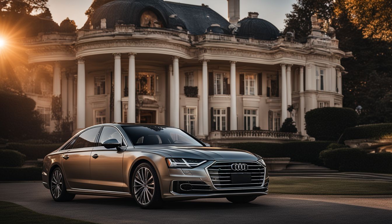 The Audi A8 parked in front of a grand mansion at sunset.