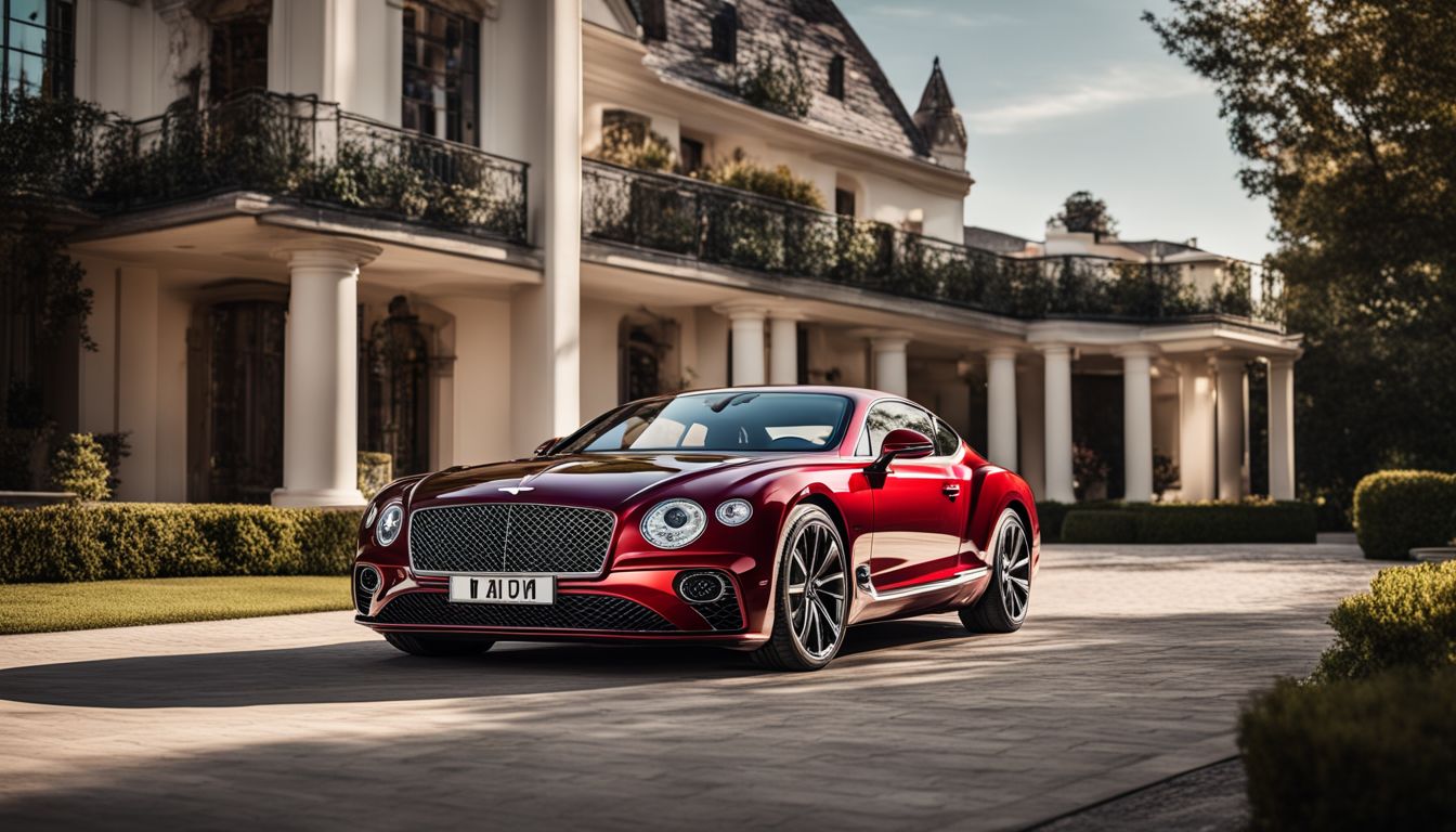 A Bentley Continental GT parked in front of a grand mansion.