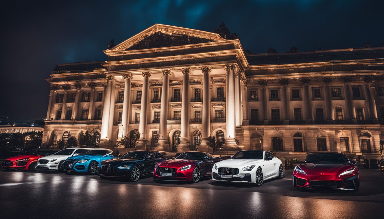 A fleet of luxury cars parked outside a grand prom venue.