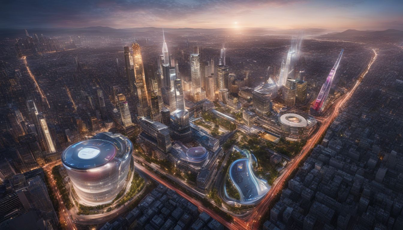 Google SGE in futuristischer Stadt mit High-Tech-Schnittstellen.