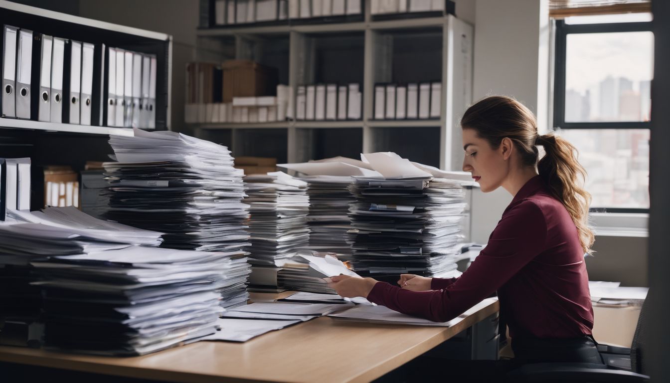 Eine Person organisiert Dateien in einem ordentlichen Büro.