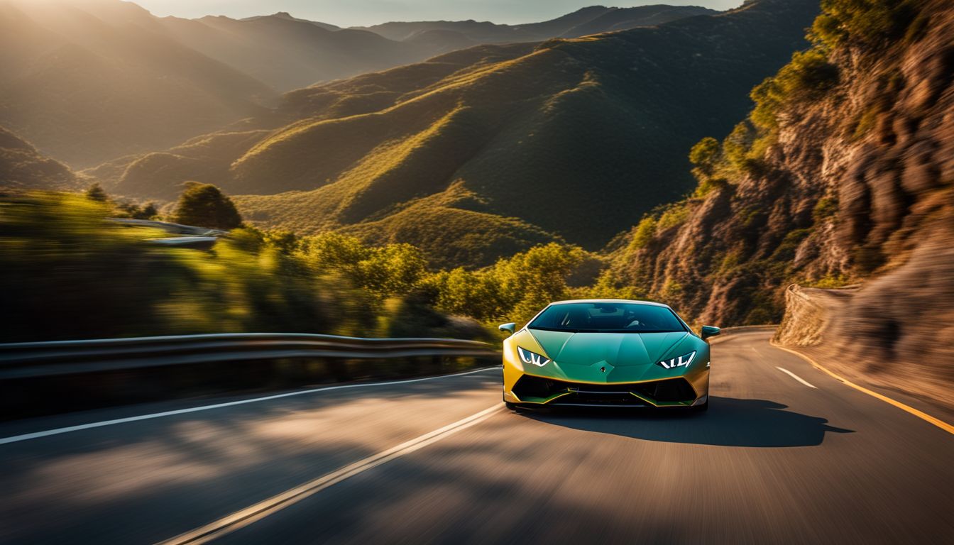 A Lamborghini Huracan speeds through a winding mountain road at sunset.