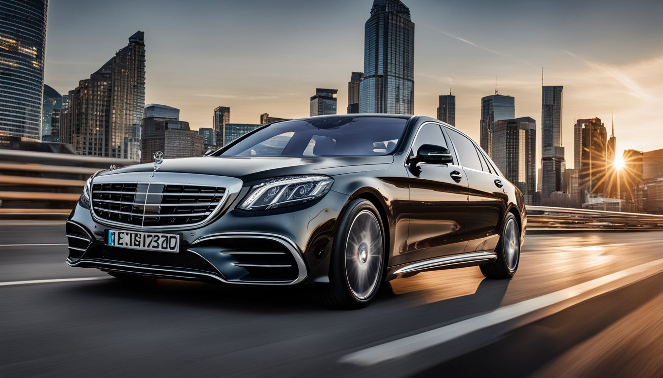 The Mercedes S-Class parked in front of a modern city skyline.