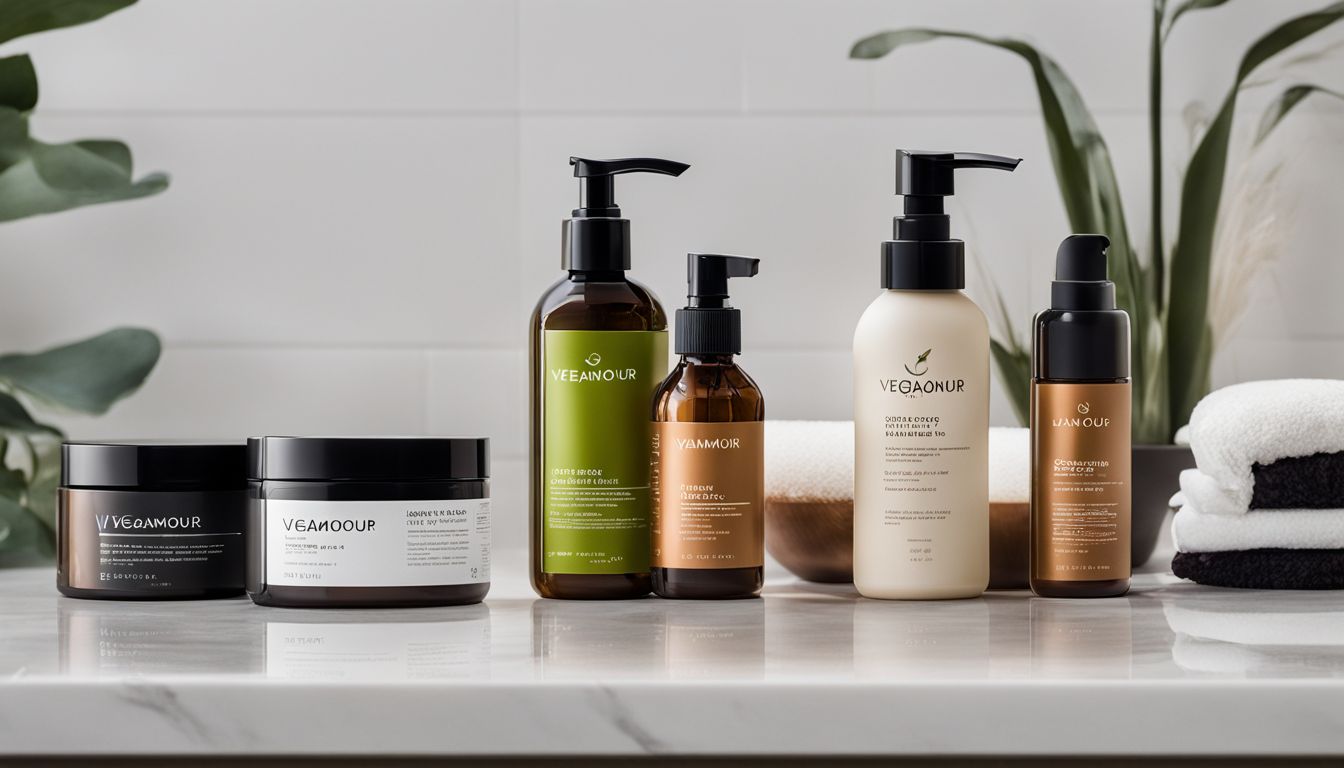 Various hair products displayed on a bathroom countertop.