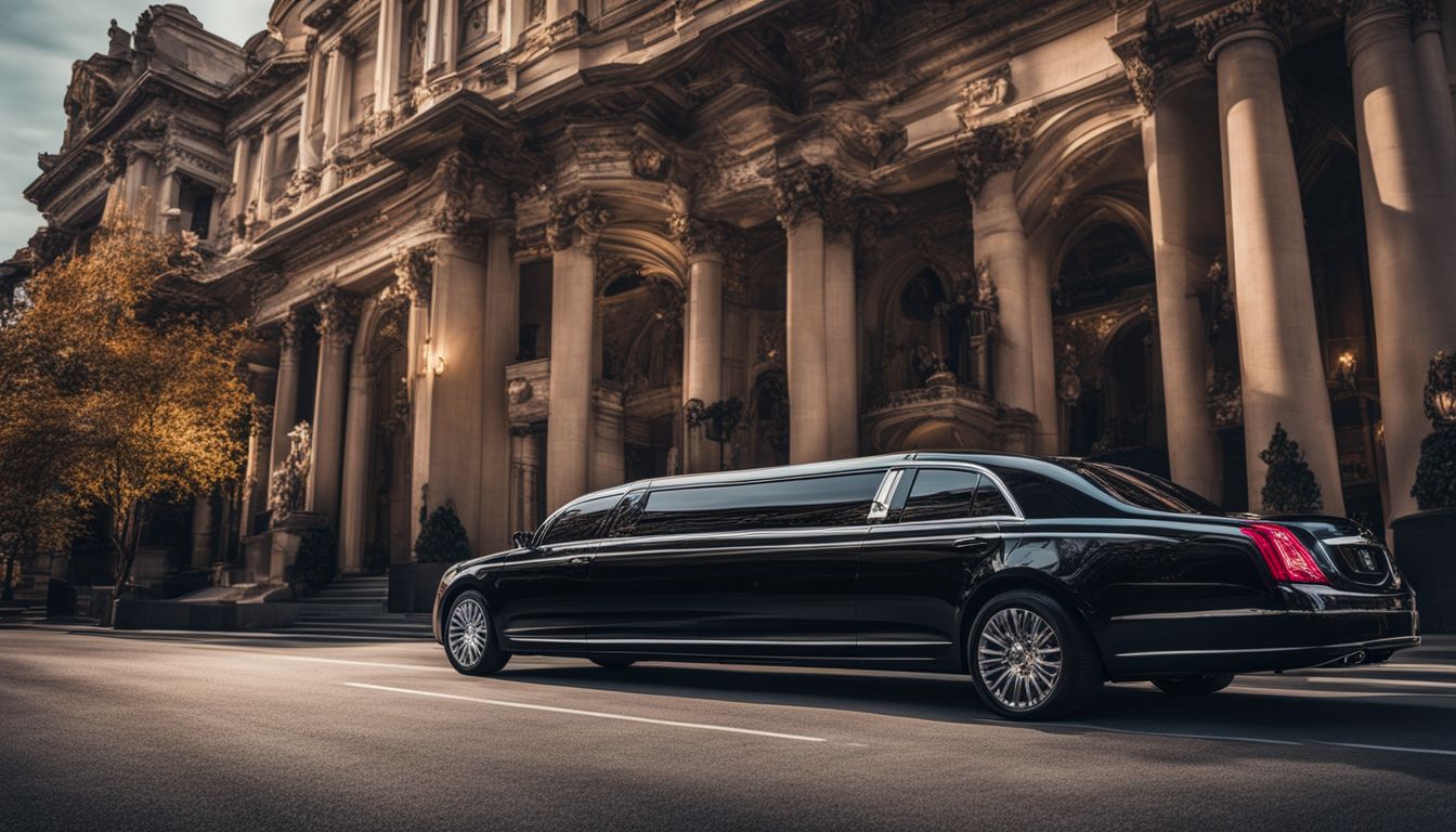 A glamorous limousine parked outside a grand city venue.