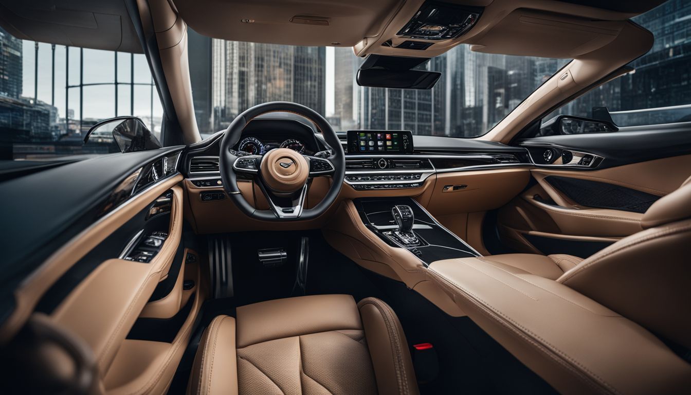 A luxurious car interior with a bustling cityscape as background.
