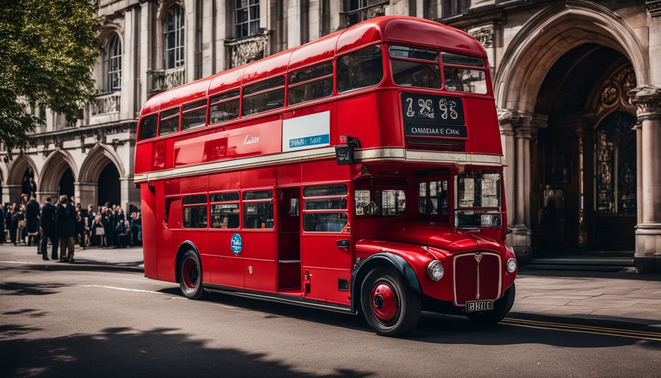A vintage red London bus parked outside a wedding venue.