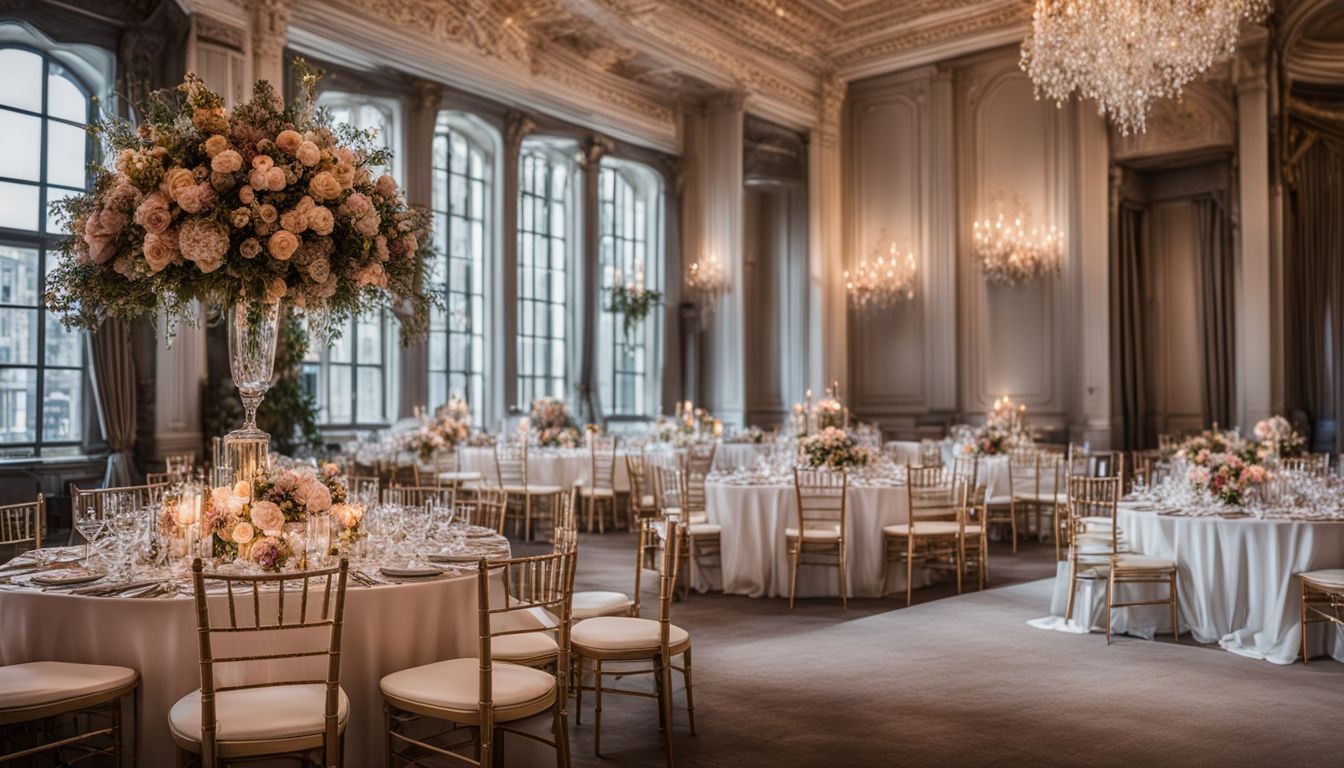 A stylish London wedding reception venue adorned with floral decorations.