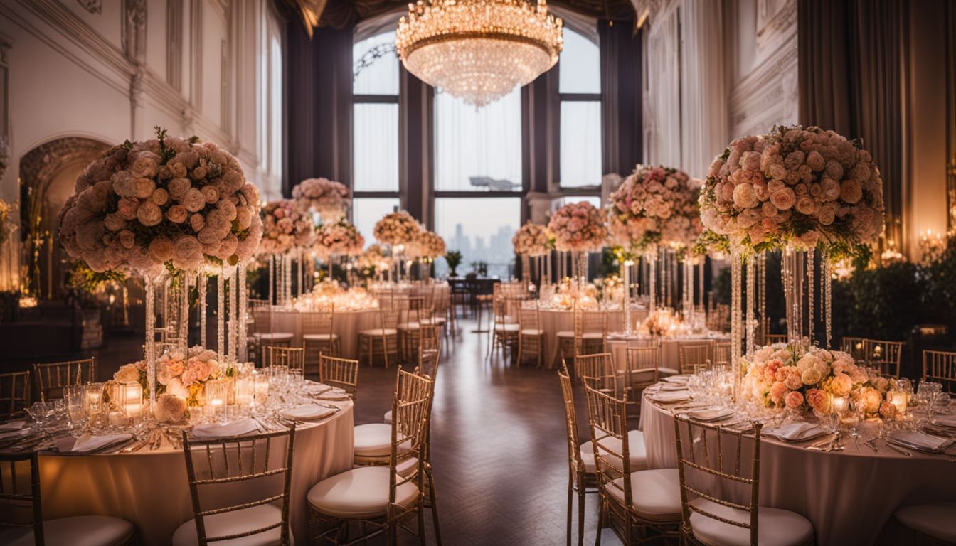 A beautifully decorated manchester wedding venue with elegant floral arrangements and a bustling atmosphere.
