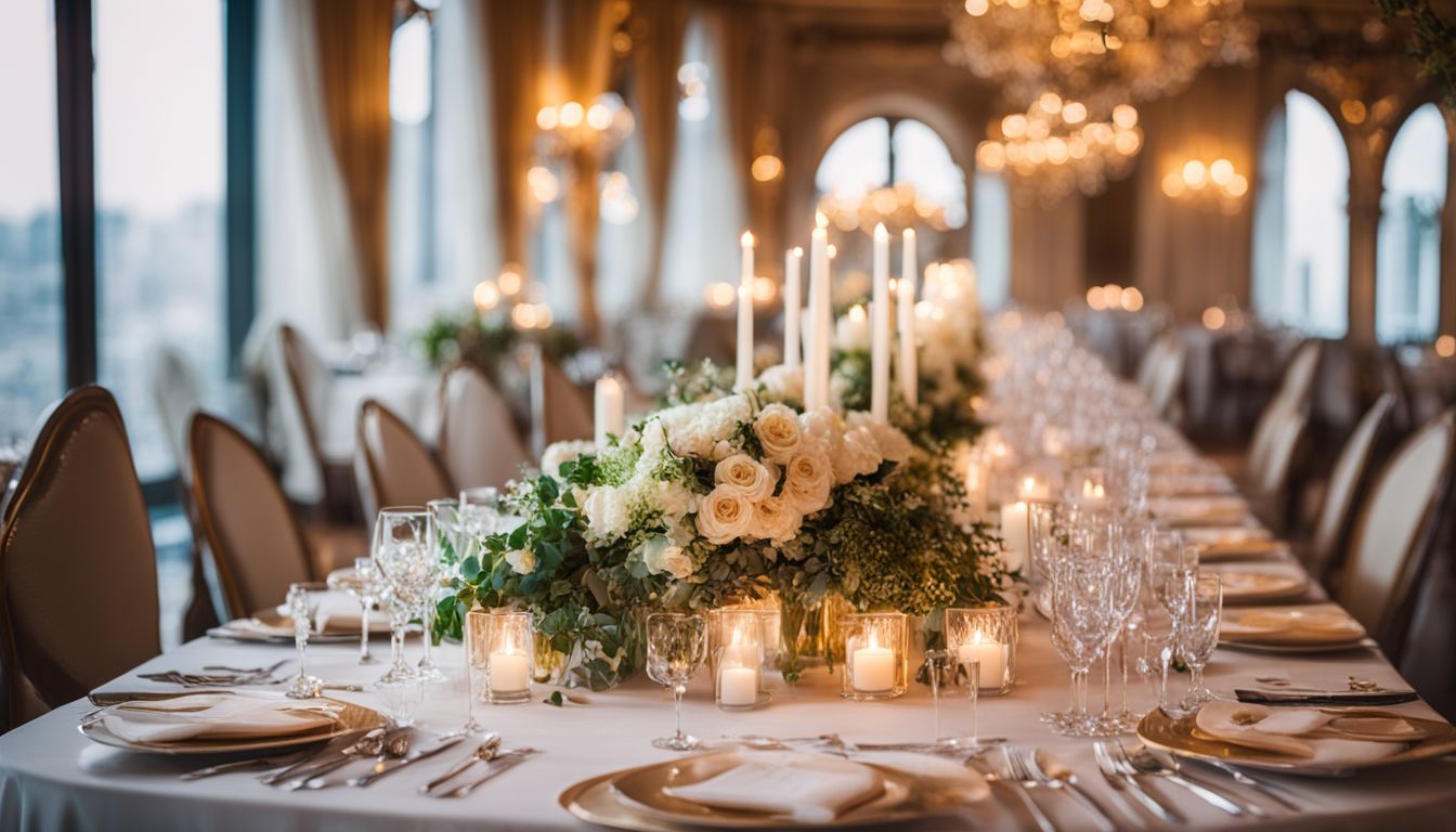 A beautifully set up wedding reception table with elegant floral decorations.