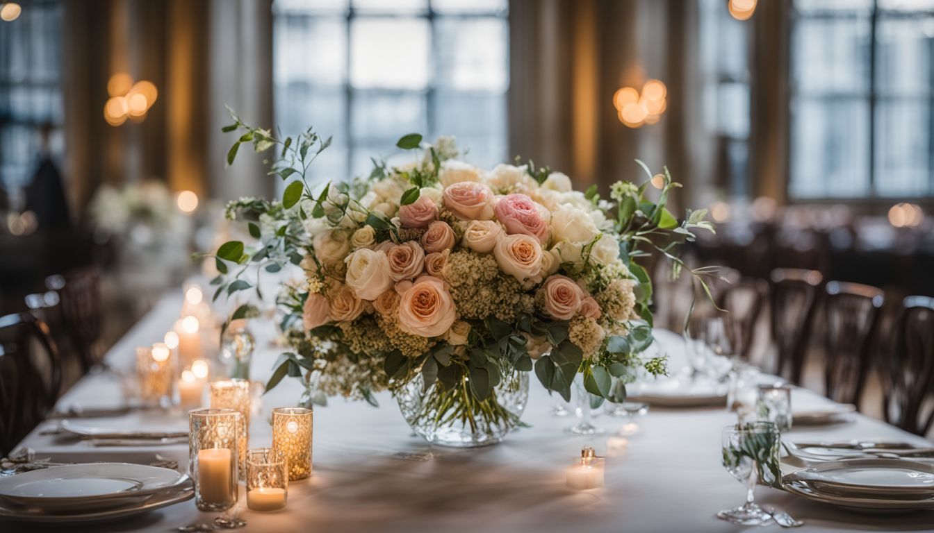 A wedding bouquet on a reception table in a budget-friendly London venue.