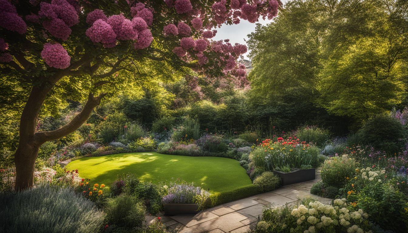A scenic London garden with vibrant seasonal flowers in full bloom.