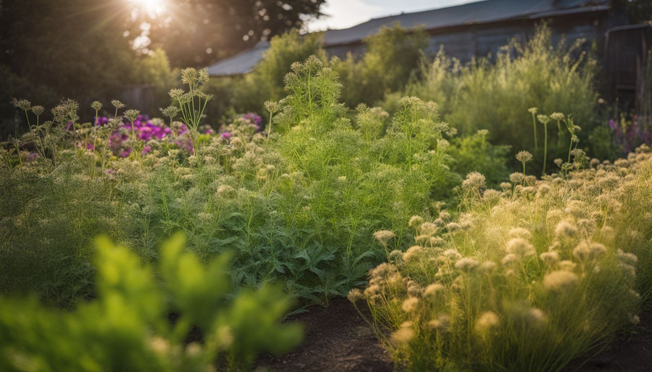 A vibrant herb garden with fenugreek, blessed thistle, and fennel plants growing, captured in a bustling atmosphere.