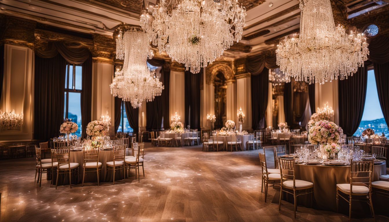 A beautifully decorated wedding venue with elegant decor and sparkling chandeliers.