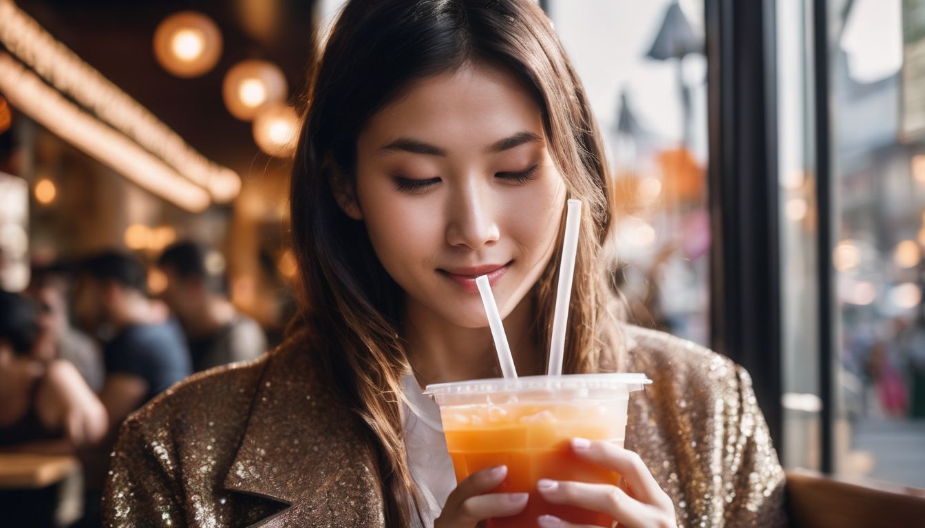A person enjoying a bubble tea with crystal boba in a bustling setting.