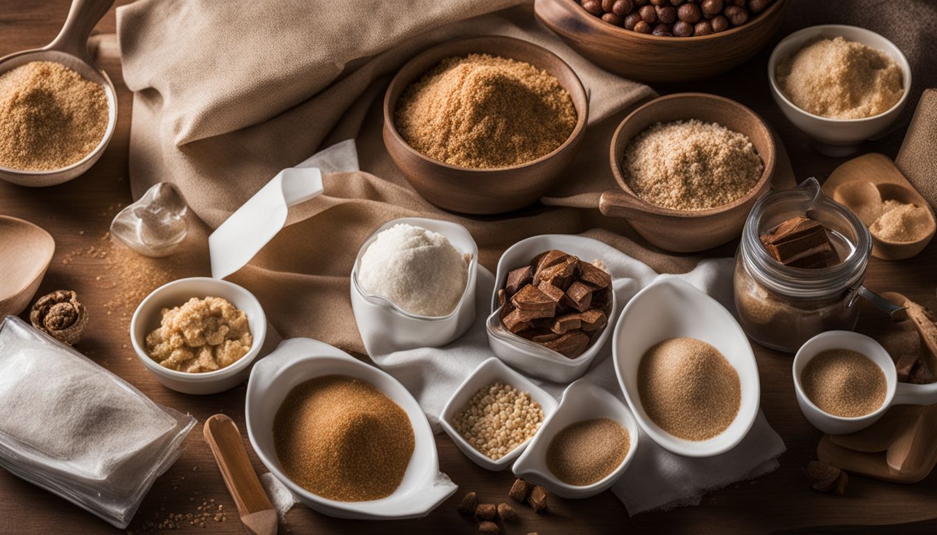 A variety of brown sugar and dessert ingredients arranged on a kitchen countertop.