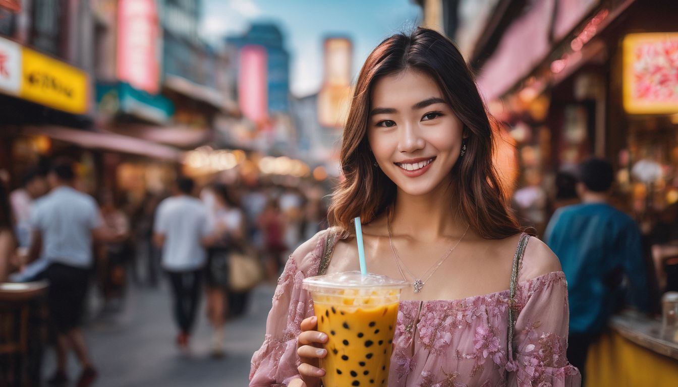 A person holding a cup of boba tea against a colorful background.