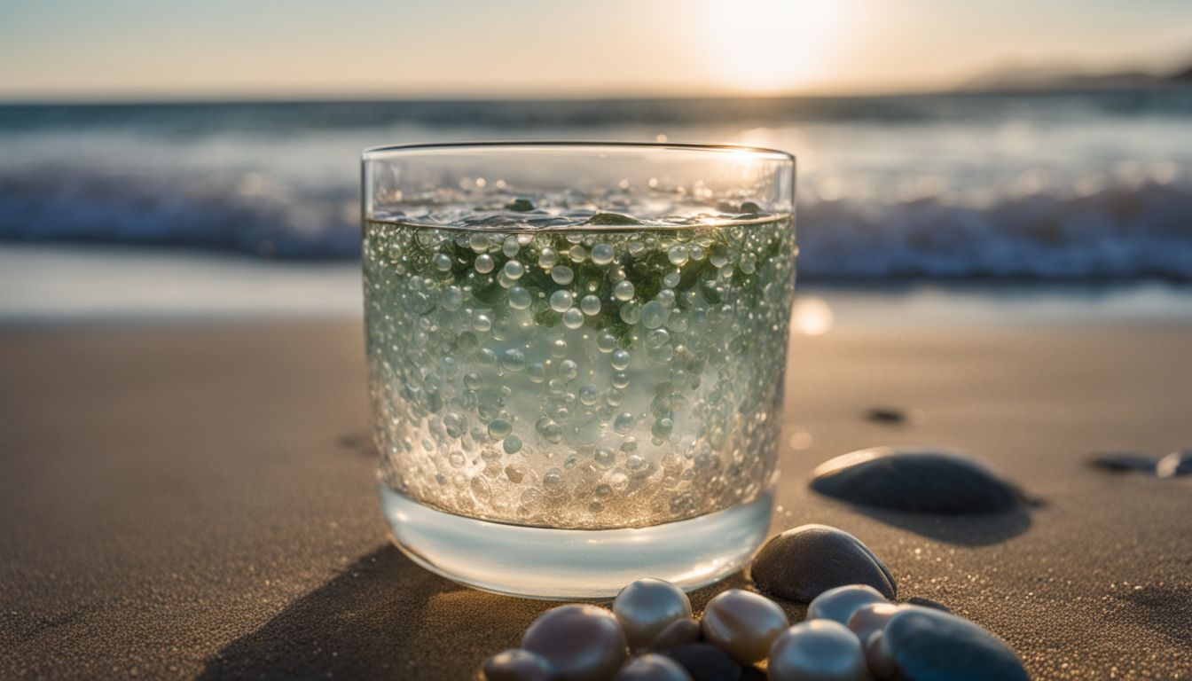 A glass of crystal boba with jelly pearls on a beach.