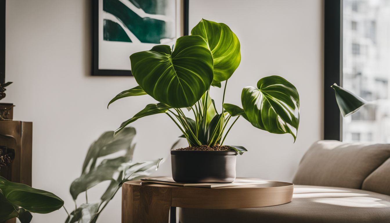 A philodendron birkin plant with price trend charts in the background.