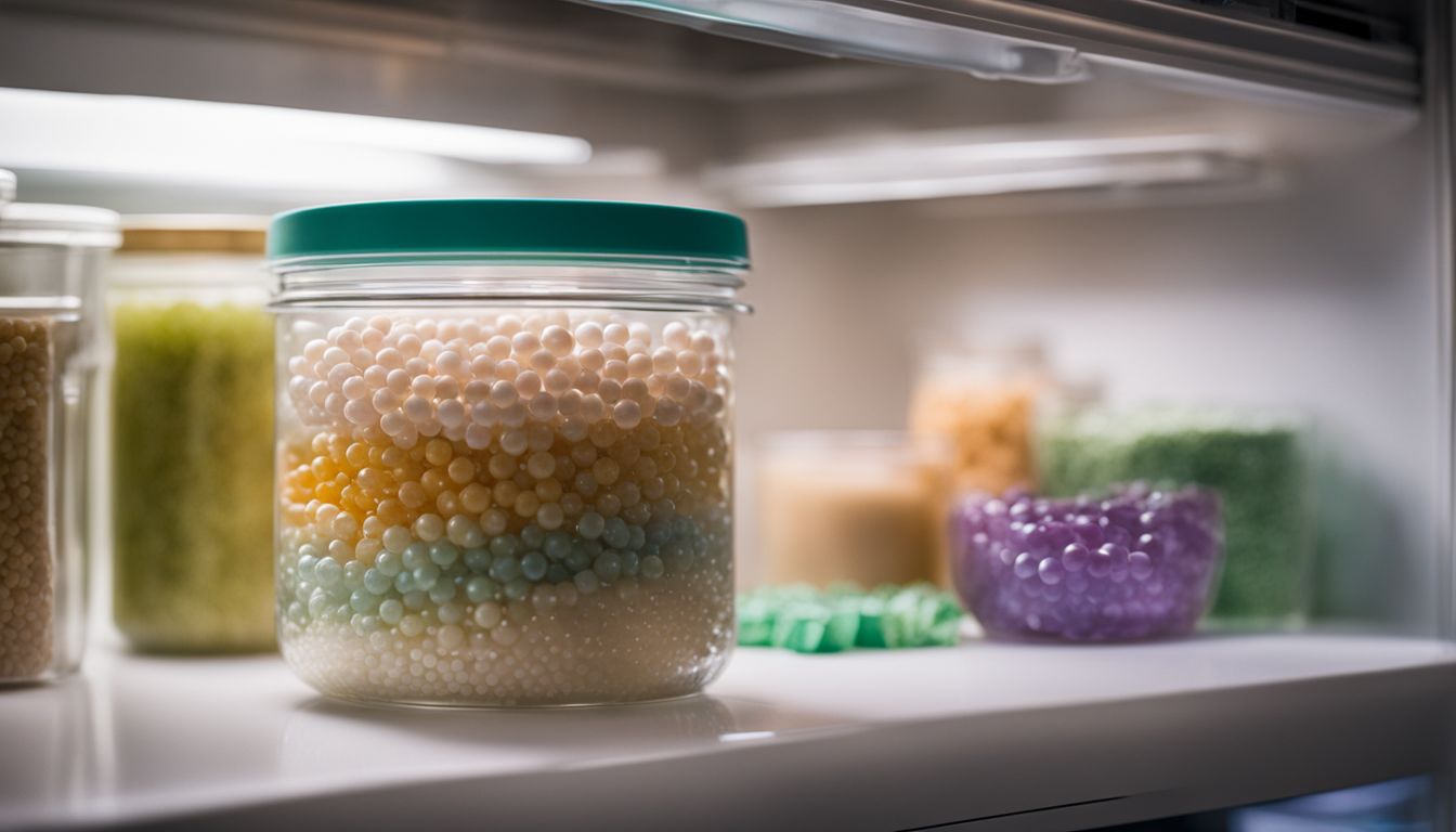 A clear airtight container filled with crystal boba pearls in a fridge.