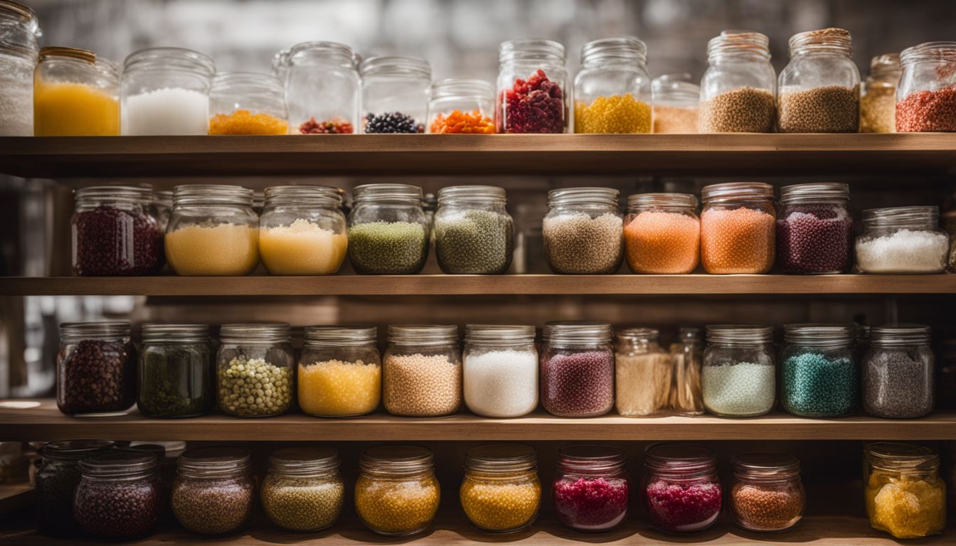 A glass jar filled with various flavored crystal boba displayed on a kitchen shelf.