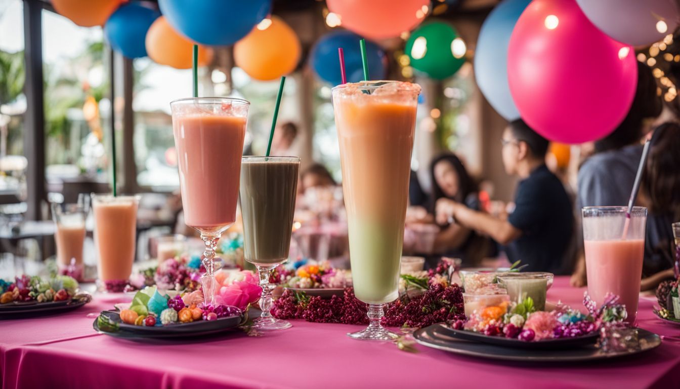Colorful boba tea centerpieces in a festive party atmosphere.