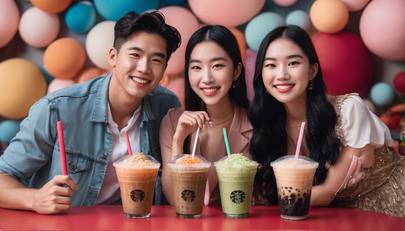 A group of friends posing with boba tea props in front of a giant boba tea cup backdrop.