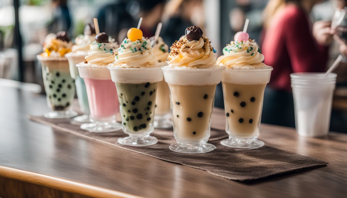 A display of boba-themed cupcakes in plastic cups with different toppings.