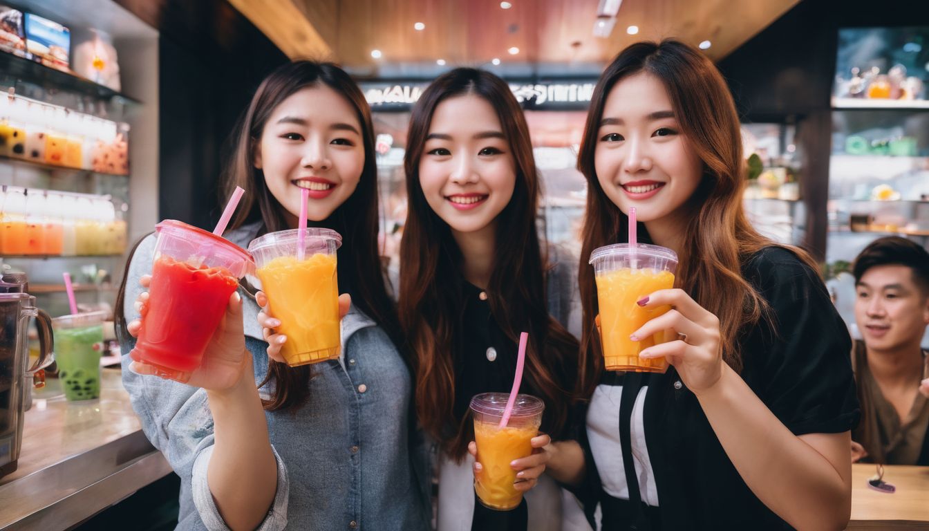 A group of friends enjoying colorful qbubble crystal boba at a bubble tea shop.